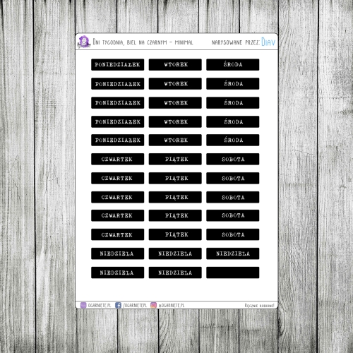 naklejki dni tygodnia na czarnym tle